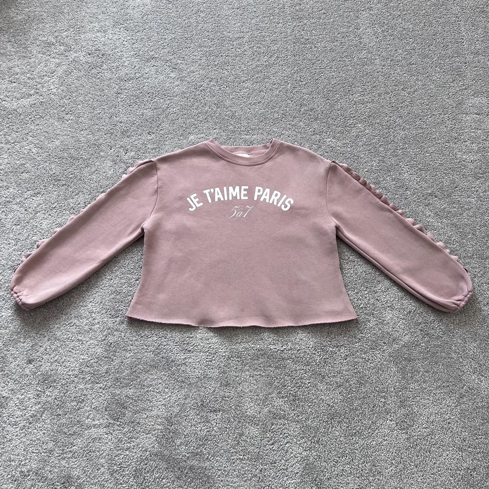 Cinq A Sept Je T'aime Paris Crewneck Sweatshirt Womens XS Pink Ruffle Trim‎ 5a7